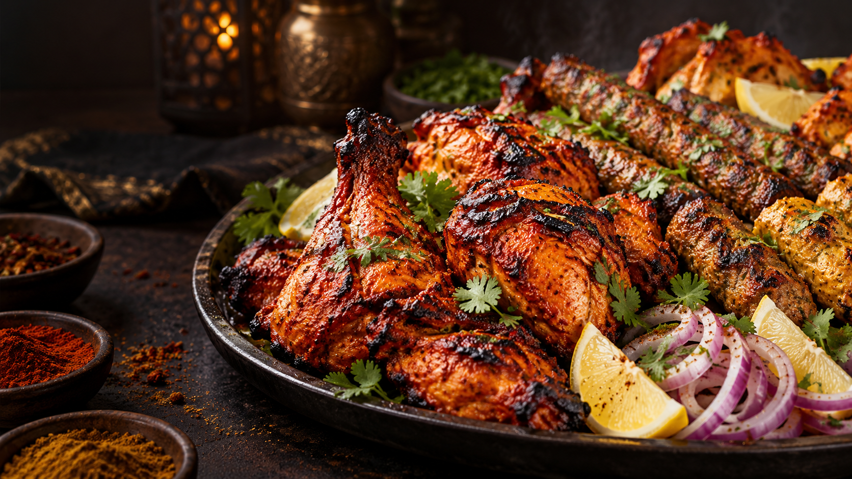 Gegrillte indische Spezialitäten mit Gewürzen
